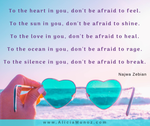 Quote by Najwa Zebian with image of sunglasses and a beach at sunset