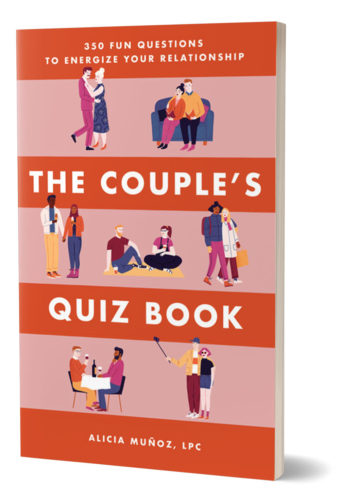"the couple's quiz book" book by Alicia Muñoz, standing book cover mockup
