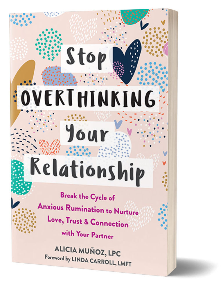 "Stop overthinking your relationship" book cover by Alicia Muñoz, image of standing book mockup